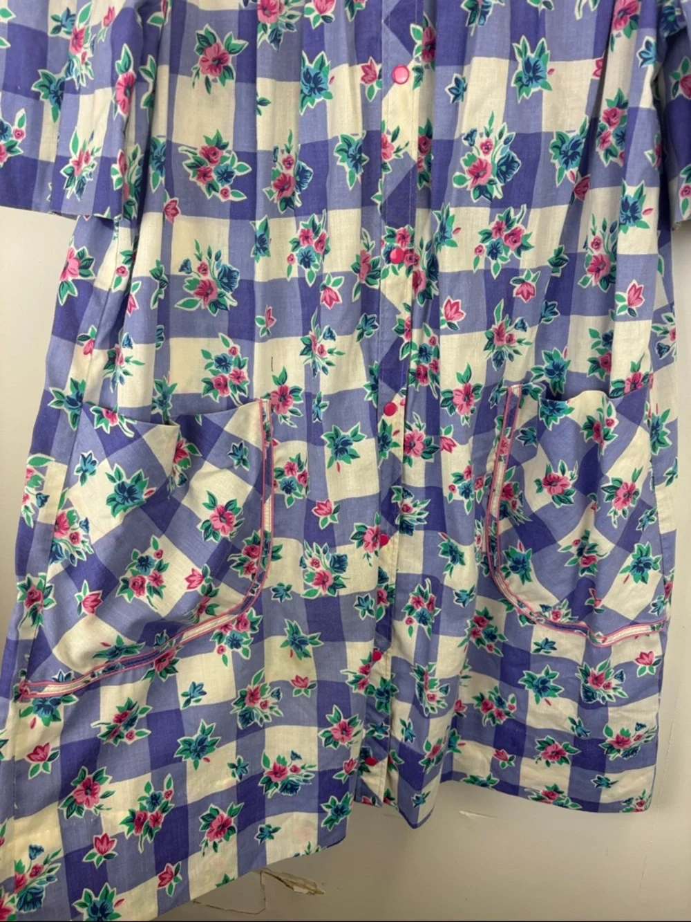 Vintage Models Coat Floral Gingham House Dress Cottagecore Smock Pockets Sz 14 - Picture 5 of 9